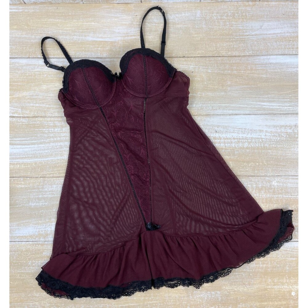 Marilyn Monroe Burgundy Sheer Lace Trim Babydoll Chemise Lingerie S Bustier